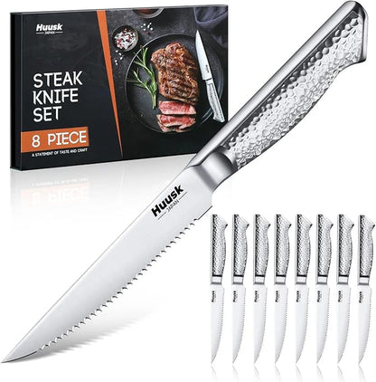 Huusk Japanese Steak Knives Set of 8-4.5" Serrated Steak Knife Set Dishwasher Safe, Stainless Steel Steaks Knives, One-Piece Structure with Anti-slip Handle, Gifts for Men Women