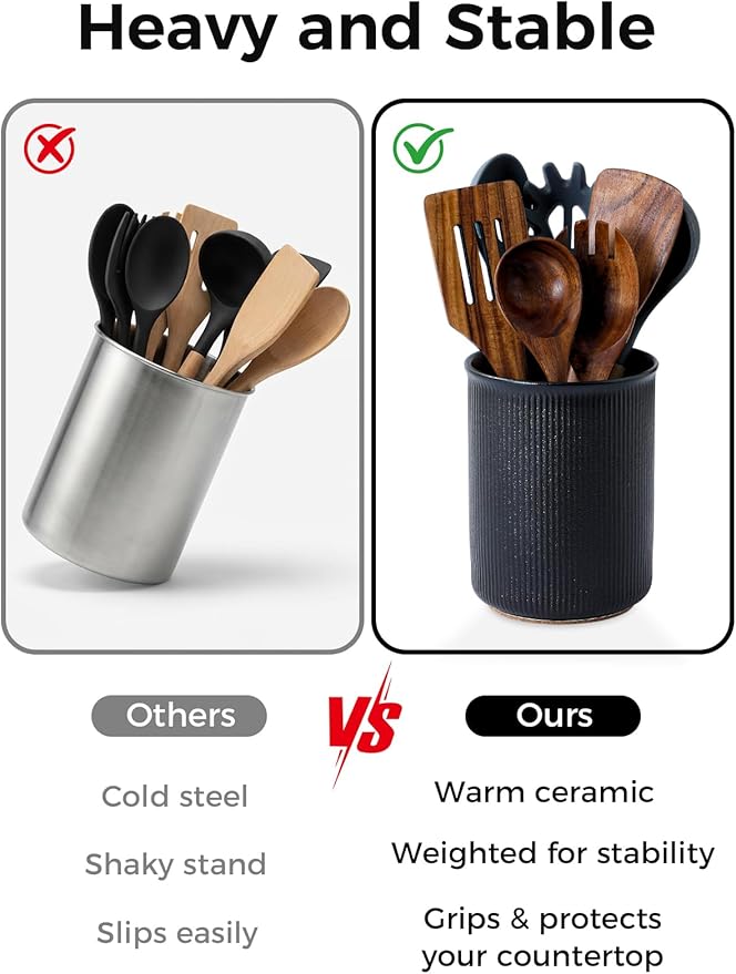 LoeJan Utensil Holder, Extra Large Utensil Crock, Stable Ceramic Utensil Organizer, Cooking Tool Organizer Set for Kitchen Counter Farmhouse Décor, Textured Black - Image 5