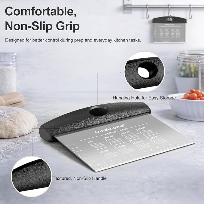 Ourokhome 2 Pack Bench Scraper Dough Cutter, Stainless Steel Dough Scraper with Laser-Etched Scale, Conversion Chart, Non-Slip Handle, Dishwasher Safe for Bread & Pastry, Black - Image 5