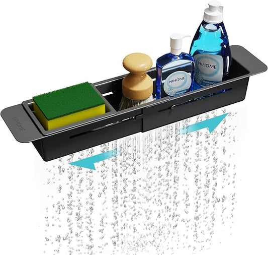 NiHome Extendable Over Sink Kitchen Organizer, Small Telescopic Brush Storage Rack for Sponge, Non-Slip Pads Expandable Sink Caddy, Adjustable Sponge/Brush Rack with Drainage Durable ABS (Black) by NiHome