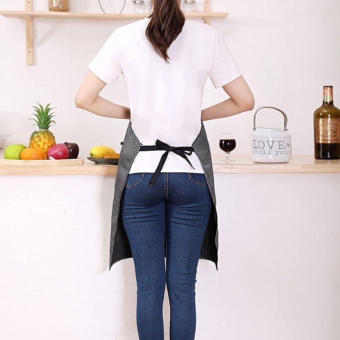 Tosewever 2 Pieces Kitchen Cooking Aprons, Cotton Polyester Blend Adjustable Bib Aprons with 2 Pockets for Women Men Chef Chef (Navy/Black Stripes, 2)