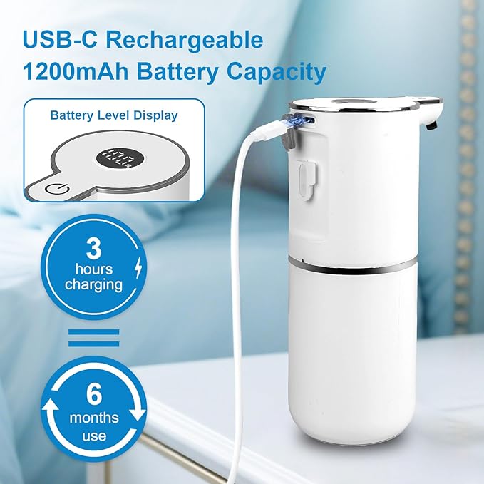 OHIFAST 2 Pack Automatic Foaming Soap Dispenser Touchless, USB Rechargeable Smart Hand Soap Dispenser, 6-Level Adjustable, 12.8oz/380mL Wall Mount for Bathroom Kitchen Dish Soap-White - Image 4