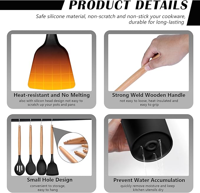 HaWare Kitchen Cooking Utensils Set, 23-Piece Silicone Kitchen Utensils Spatula Set with Holder, Heat Resistant Wooden Handle Kitchen Gadget for Nonstick Cookware, Food-grade Turner Spoon Sets (Black) - Image 4