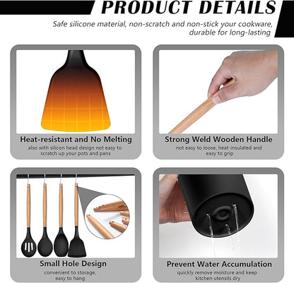 HaWare Kitchen Cooking Utensils Set, 23-Piece Silicone Kitchen Utensils Spatula Set with Holder, Heat Resistant Wooden Handle Kitchen Gadget for Nonstick Cookware, Food-grade Turner Spoon Sets (Black) - Image 4