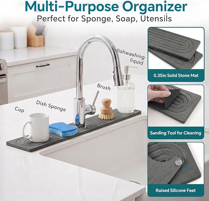 Stone Faucet Mat for Kitchen Sink-Diatomite Drying Stone Mat& Sink Protector,Quick Dry Water Absorbing Stone Tray ,Sink Splash Guard for Kitchen Counter & Bathroom Counter (Dark Grey, 23.6"X3.9") - Image 4