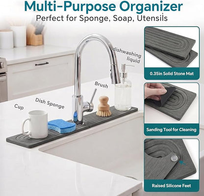 Stone Faucet Mat for Kitchen Sink-Diatomite Drying Stone Mat& Sink Protector,Quick Dry Water Absorbing Stone Tray ,Sink Splash Guard for Kitchen Counter & Bathroom Counter (Dark Grey, 23.6"X3.9") - Image 4
