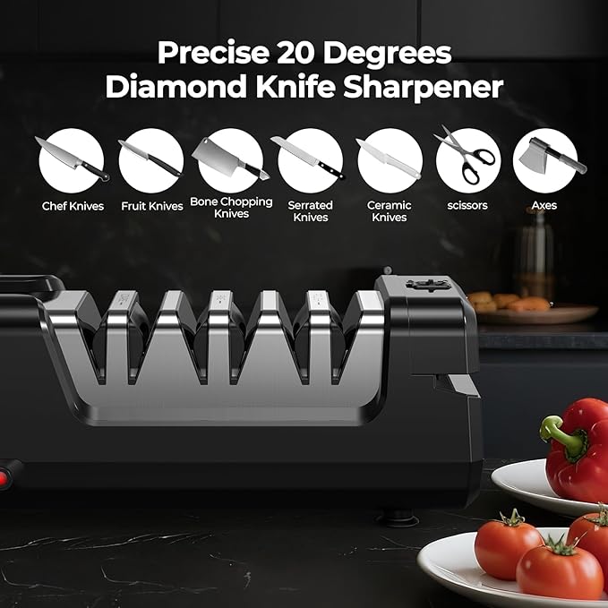 Electric Knife Sharpener, Precise 20° Diamond Knife Sharpener for Kitchen Knives, Quick Repairing in 40 Seconds, with Metal Dust Collection Box & Special Port for Scissors, Black - Image 2