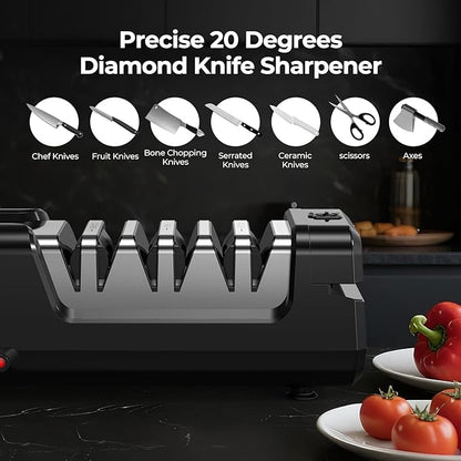 Electric Knife Sharpener, Precise 20° Diamond Knife Sharpener for Kitchen Knives, Quick Repairing in 40 Seconds, with Metal Dust Collection Box & Special Port for Scissors, Black - Image 2