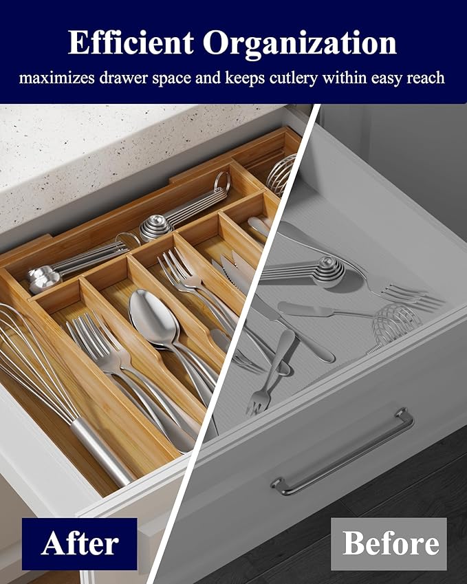 Kitsure Silverware Organizer - Expandable Bamboo Kitchen Drawer Organizer for Cooking Utensils and Cutlery, Sturdy & Thickened Kitchen Organizers and Storage Solution, Large, Natural - Image 8