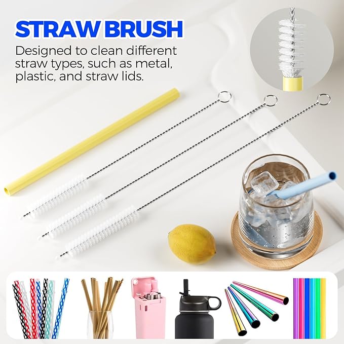 6 Pack Holikme 4 in 1 Cup Lid Cleaning Brush Set with 3 Straws, Multifunctional Bottle Brush, Silicone Cup Lid Gap Cleaner, Durable Bristle Crevice Cleaning Brush, Yellow - Image 5
