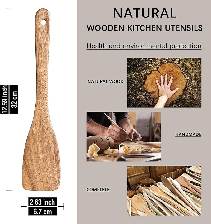 2pcs Wooden Spatulas for Cooking, 13inch Coated Acacia Wood Turners for Frying, Non-Scratch Wood Flat Spurtle for Pan & Wok, Wooden Cooking Utensils for Non Stick Cookware, Long Handle Scraper - Image 2