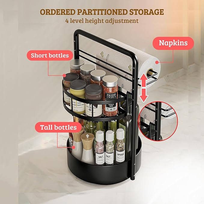Rotating Spice Rack with Paper Towel Holder, 2 Tier Turntable Lazy Susan, Seasoning Organizer for Kitchen Countertop Cabinet, Black - Image 3