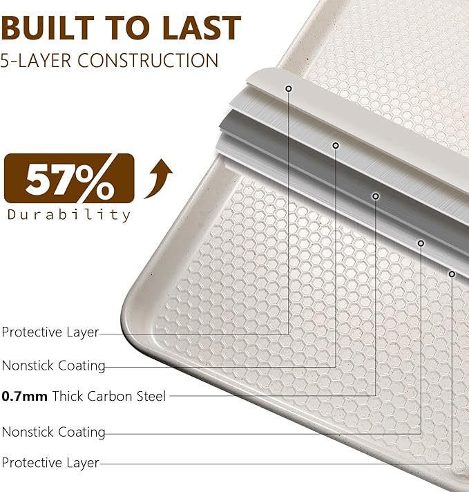 Wildone Baking Sheet Pan Set, Honeycomb Embossed Nonstick Baking Sheet 15x10 In, Thicker Carbon Steel Cookie Sheet, Even Heating Jelly Roll Pan, White, 2 Pack - Image 3
