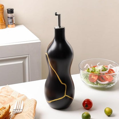 BosilunLife Ceramic Olive Oil Dispenser Bottle, 14 Oz Oil Cruet with Elegant Gold Accent & Curved Ergonomic Design, Non‑Drip Vinegar Bottle for Kitchen & Dining, Black