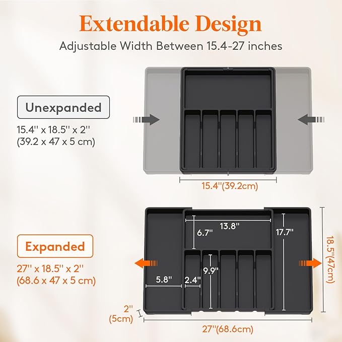 Lifewit Silverware Drawer Organizer, Expandable Utensil Tray for Kitchen, BPA Free Flatware and Cutlery Holder, Adjustable Plastic Storage for Spoons Forks Knives, 15- 27 x 18.5", Black - Image 4