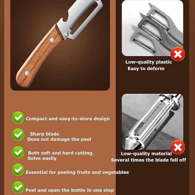 Multifunctional Vegetable Peeler,Zero Flex Peeler with Wooden Handle and Bottle Opener,Stainless Steel Kitchen Tool Suitable for All Kinds Of Vegetables and Fruits(2 PCS) - Image 3