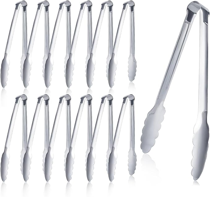 12 pieces Buffet Tongs 9'' Inches Serving Tongs Heavy Duty Stainless steel Kitchen and BBQ Utility Tong (Silver, 9inch) by XEVOM