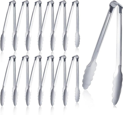 12 pieces Buffet Tongs 9'' Inches Serving Tongs Heavy Duty Stainless steel Kitchen and BBQ Utility Tong (Silver, 9inch) by XEVOM