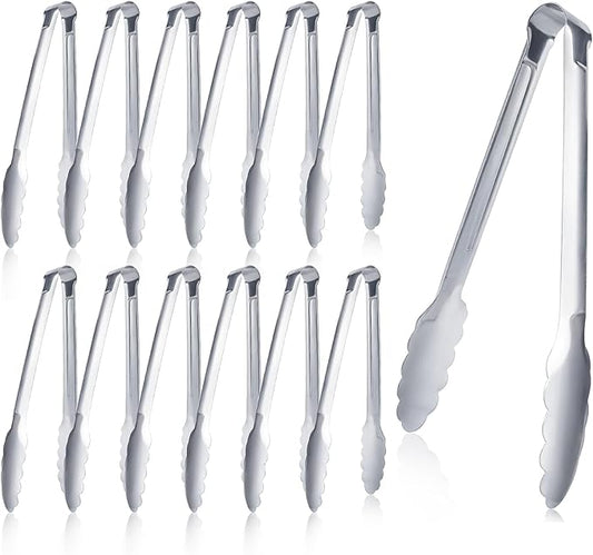 12 pieces Buffet Tongs 9'' Inches Serving Tongs Heavy Duty Stainless steel Kitchen and BBQ Utility Tong (Silver, 9inch) by XEVOM
