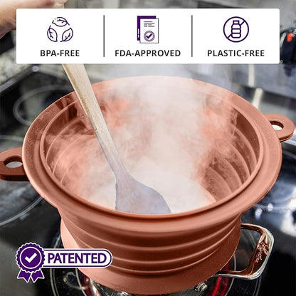 L.I.Q Silicone Splatter Guard – Fits 8 and 10 Inch Pots (20 and 25 Centimeters) – Microwave Safe and Durable SplatterDom - Includes 8” Lid - Food and Oil Splash Guard (Terra Cotta, Small)