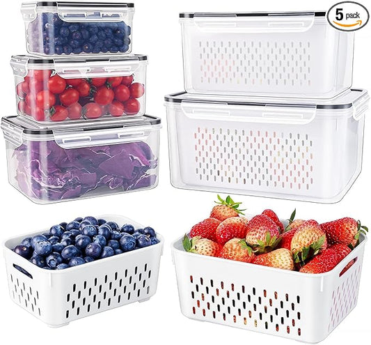5 PCS Large Fruit Containers for Fridge - Leakproof Food Storage Containers with Removable Colander - Dishwasher & microwave safe Produce Containers Keep Fruits, Vegetables, Berry, Meat Fresh longer by Freshmage