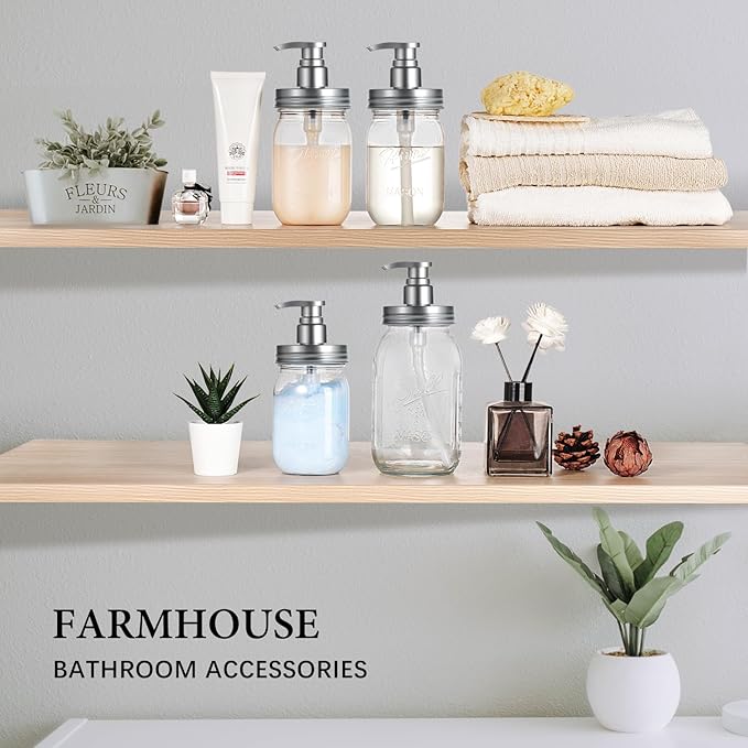 Amolliar Plastic Mason Jar Soap Dispenser with Pump Lid,16OZ Refillable BPA-Free Hand Soap Dispenser Set with Cute Lables, Farmhouse Decor for Kitchen Bathroom, Liquid Soap, Dish Soap (4 Pack, Silver) - Image 6