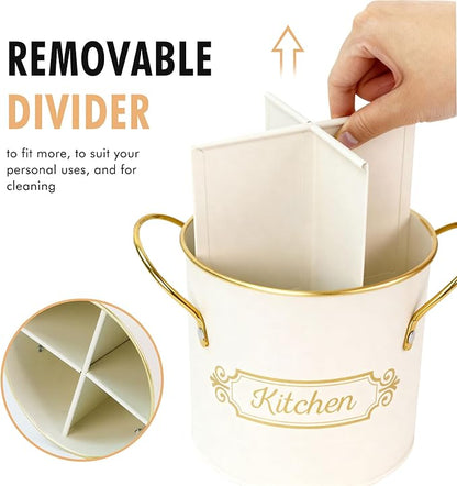 Kitchen Utensil Holder, 5.1" Metal Cooking Utensil Crock with with Removable Divider, Modern Farmhouse Kitchen Decor, Countertop Utensil Organizer for Spoons Cooking Tools