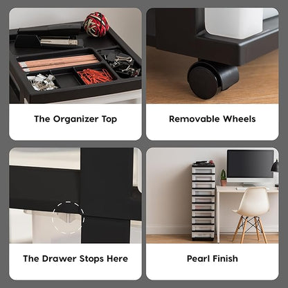 IRIS USA Plastic Drawer Storage Organizer Rolling Cart, with Wheels Casters, 10-Drawers, for Classroom Art Craft Supplies Dresser Closet Bathroom Laundry Room, Black/Pearl - Image 8