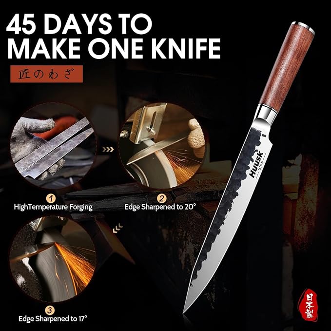Huusk Japanese Slicing Knife 8 Inch Sushi Knife, Hand Forged Sashimi Knives with Ergonomic Handle for Carving Turkey Cutting Meats, Vegetables, and Fruits, Gifts Idea for Men and Women