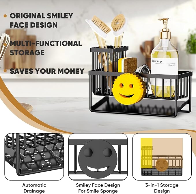 Sponge Holder for Kitchen Sink,Smiley Face Sink Caddy with Removable Brush Holder,Self-Draining Sponge Caddy for Sponge,Soap,Dish Brush,Scrubber,Kitchen Essentials and Gadgets - Image 2