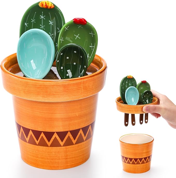 Coloch 5Pcs Ceramic Measuring Spoons in Pot, Cactus Shape Baking Measuring Spoons and Cup Decorative Cactus Figurine Measuring Spoon Set for Baking, Milk, Sugar, Salt by Coloch