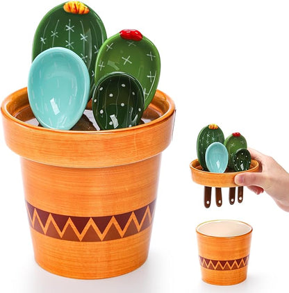 Coloch 5Pcs Ceramic Measuring Spoons in Pot, Cactus Shape Baking Measuring Spoons and Cup Decorative Cactus Figurine Measuring Spoon Set for Baking, Milk, Sugar, Salt by Coloch
