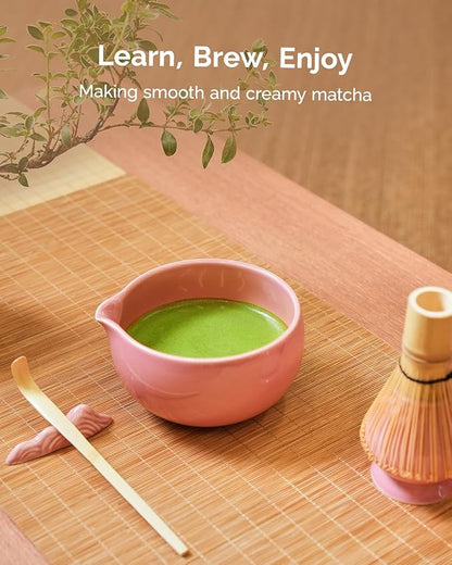 Maestri House Pink Matcha Whisk Set, 7-Pc Complete Matcha Kit with Spouted Ceramic Bowl, Bamboo Whisk and Holder, Scoop, Spoon Rest & Sifter, Tea Cloth – Ideal Gift for Matcha Lovers (Pink) - Image 5