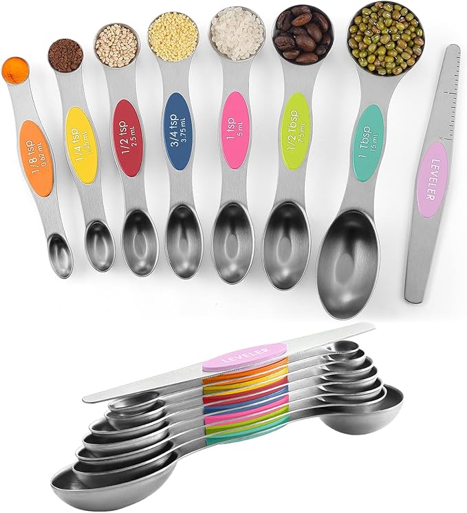 ChefAide Pack of 8 Stainless Steel Magnetic Measuring Spoons Set, Dual Sided, Stackable, Adjustable Teaspoon and Tablespoon Measure Spoon with Leveler, Kitchen Gadgets by ChefAide