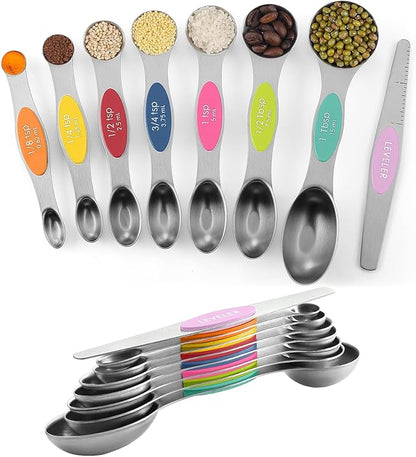 ChefAide Pack of 8 Stainless Steel Magnetic Measuring Spoons Set, Dual Sided, Stackable, Adjustable Teaspoon and Tablespoon Measure Spoon with Leveler, Kitchen Gadgets by ChefAide