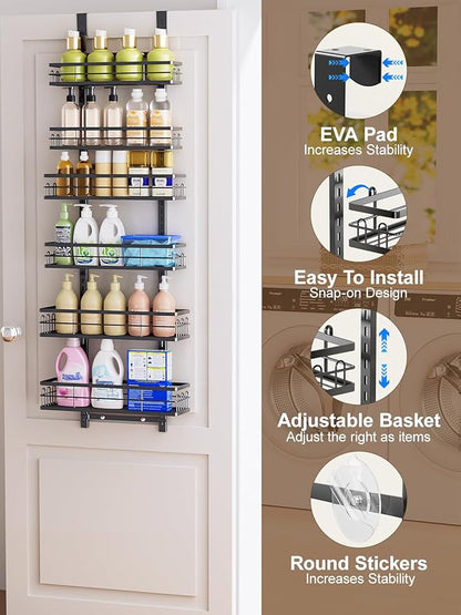 Delamu Over the Door Pantry Organizer, 6 Tier Pantry Door Organizer with Adjustable Basket, Door Spice Rack Seasoning Organizer, Metal Hanging Pantry Organizers and Storage for Kitchen,15.3" Black