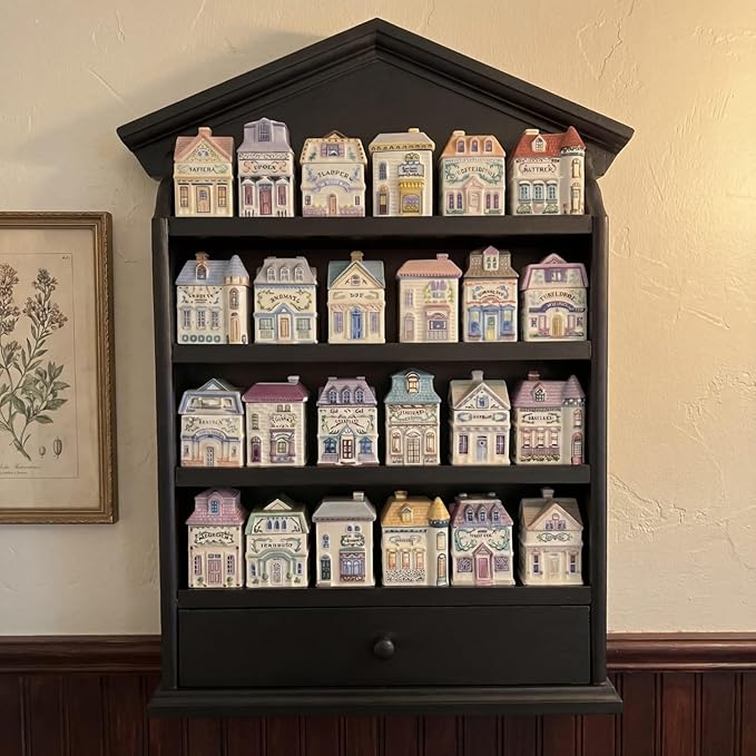 Chunful Vintage Spice Jar Wooden Rack with 4 Shelves and Drawer Hanging Spice Rack Wall Mounting Kitchen Storage Village Style Display Shelf for 24 Jars, Shelf Only(Classic Black)