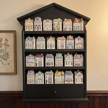 Chunful Vintage Spice Jar Wooden Rack with 4 Shelves and Drawer Hanging Spice Rack Wall Mounting Kitchen Storage Village Style Display Shelf for 24 Jars, Shelf Only(Classic Black)
