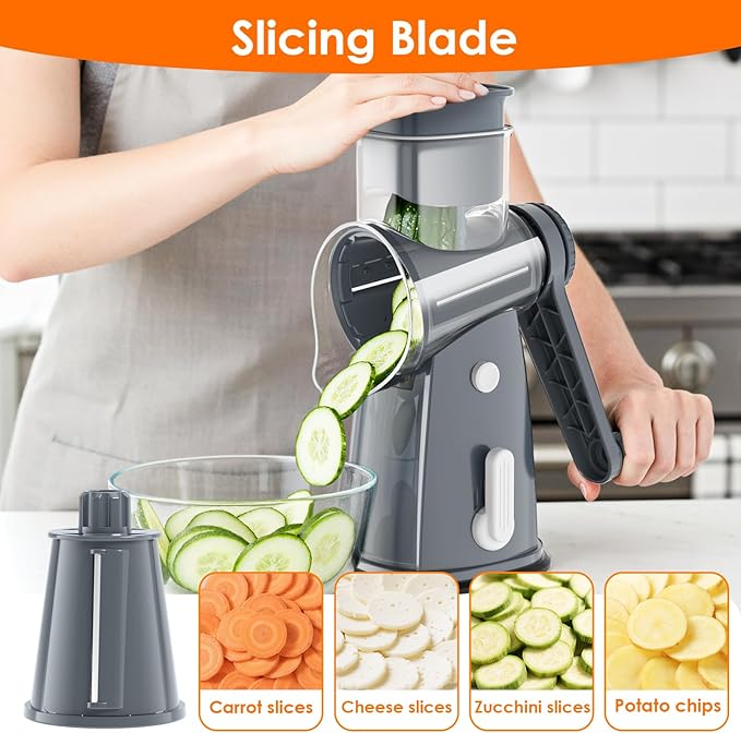 MealHelper 5 Blade Rotary Cheese Grater Hand Crank with Storage Box, Vegetable Chopper, Cheese Shredder for Cheeses, Veggies, Nuts - Easy to Use, Non-slip Suction Base, Gray - Image 5