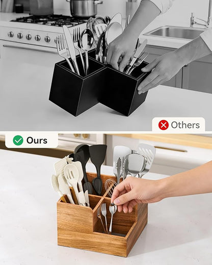 Yofidra Kitchen Utensil Holder with Stone Drying Mats, 4 Compartments Corner Utensil Holder for Kitchen Countertop, Extra Large Silverware Organizer (Wood Color)