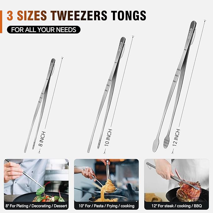 Eddeas Kitchen Tweezers Tongs, Cooking Tweezers Stainless Steel - 3 Size 12'' 10'' & 8 inch Ideal for Meat, pasta, plating and pinching delicate small pieces of food, Set of 3 - Image 8