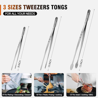Eddeas Kitchen Tweezers Tongs, Cooking Tweezers Stainless Steel - 3 Size 12'' 10'' & 8 inch Ideal for Meat, pasta, plating and pinching delicate small pieces of food, Set of 3 - Image 8