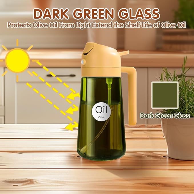 YARRAMATE 16oz/470ml Light-Blocking Dark Oil Sprayer for Cooking, 2 in 1 Olive Oil Dispenser Bottle for Kitchen, Premium Dark Green Glass Oil Bottle, Food-Grade Oil Mister for Air Fryer, BBQ (Orange) - Image 2
