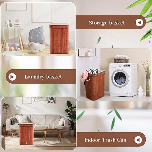 2 Pack 21 Gallon Bamboo Slim Trash Can with Lid Large Foldable Slim Rectangular Garbage Can Bamboo Waste Basket for Bathroom Bedroom Office Home Salon Spa (Coffee)