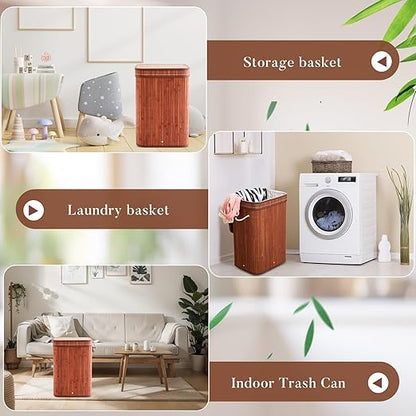 2 Pack 21 Gallon Bamboo Slim Trash Can with Lid Large Foldable Slim Rectangular Garbage Can Bamboo Waste Basket for Bathroom Bedroom Office Home Salon Spa (Coffee)