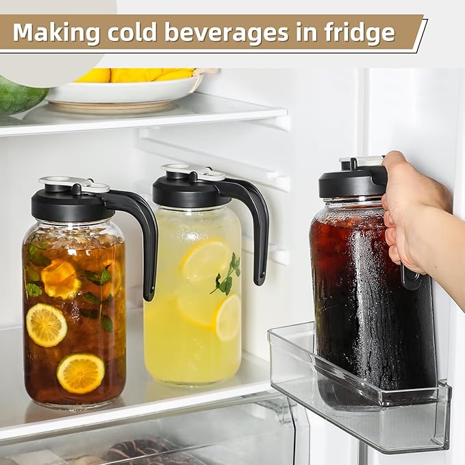 Glass Pitcher with Lid - 2 Quart Mason Jar Pitcher with Filter Lid, Wide Mouth Jar Leak-proof Water Jug, Heavy Duty Container for Water, Juice, Milk, Tea, Iced Coffee, and Drinks - Set of 3 - Image 6