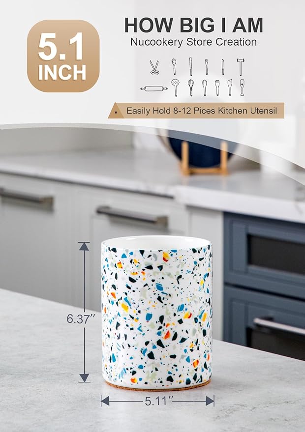 Nucookery Utensil Holder, 6.4" Ceramic Kitchen Utensil Holder for Countertop with Protection Cork Bottom, Vintage Farmhouse Kitchen Decor for Counter, Gift (Marble Pattern) - Image 2