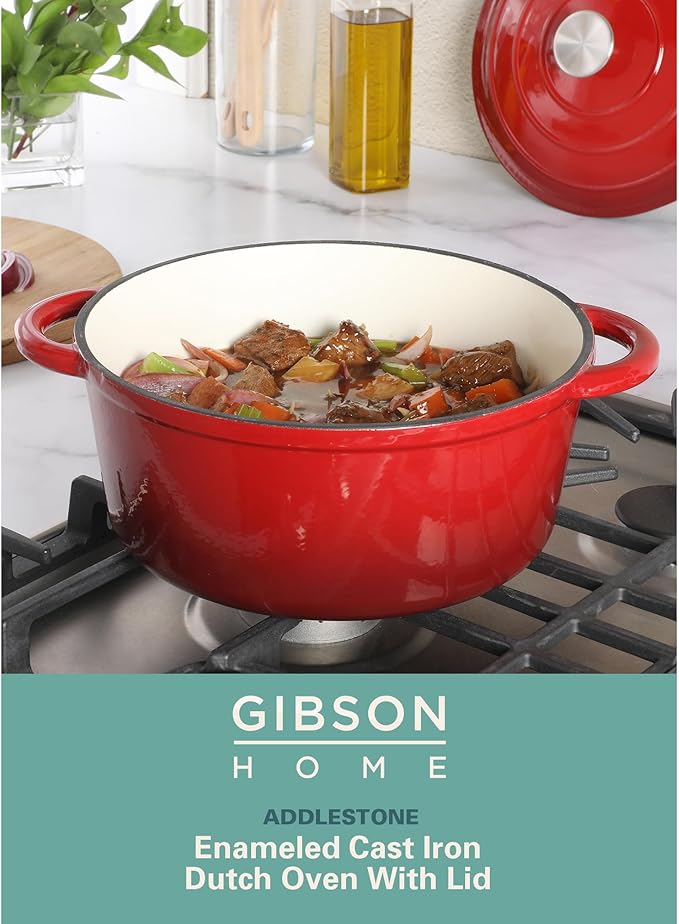 Gibson Home Addlestone 5-Quart Red Enamel Cast Iron Dutch Oven with Lid and Dual Handles – Durable Round Cooking Pot - Image 2
