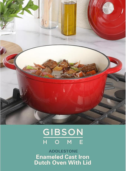 Gibson Home Addlestone 5-Quart Red Enamel Cast Iron Dutch Oven with Lid and Dual Handles – Durable Round Cooking Pot - Image 2
