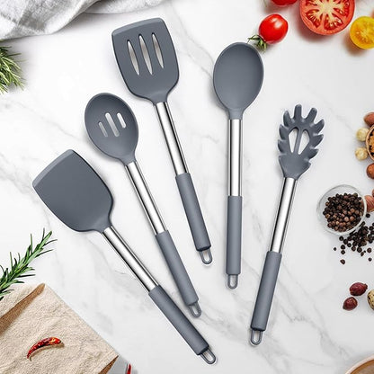 TeamFar Silicone Cooking Utensils Set, 5 PCS Heat-Proof Kitchen Utensils with Stainless Steel Handle, Turner/Spoon/Pasta Server for Nonstick Cookware Frying Flipping Draining, Light Grey - Image 7